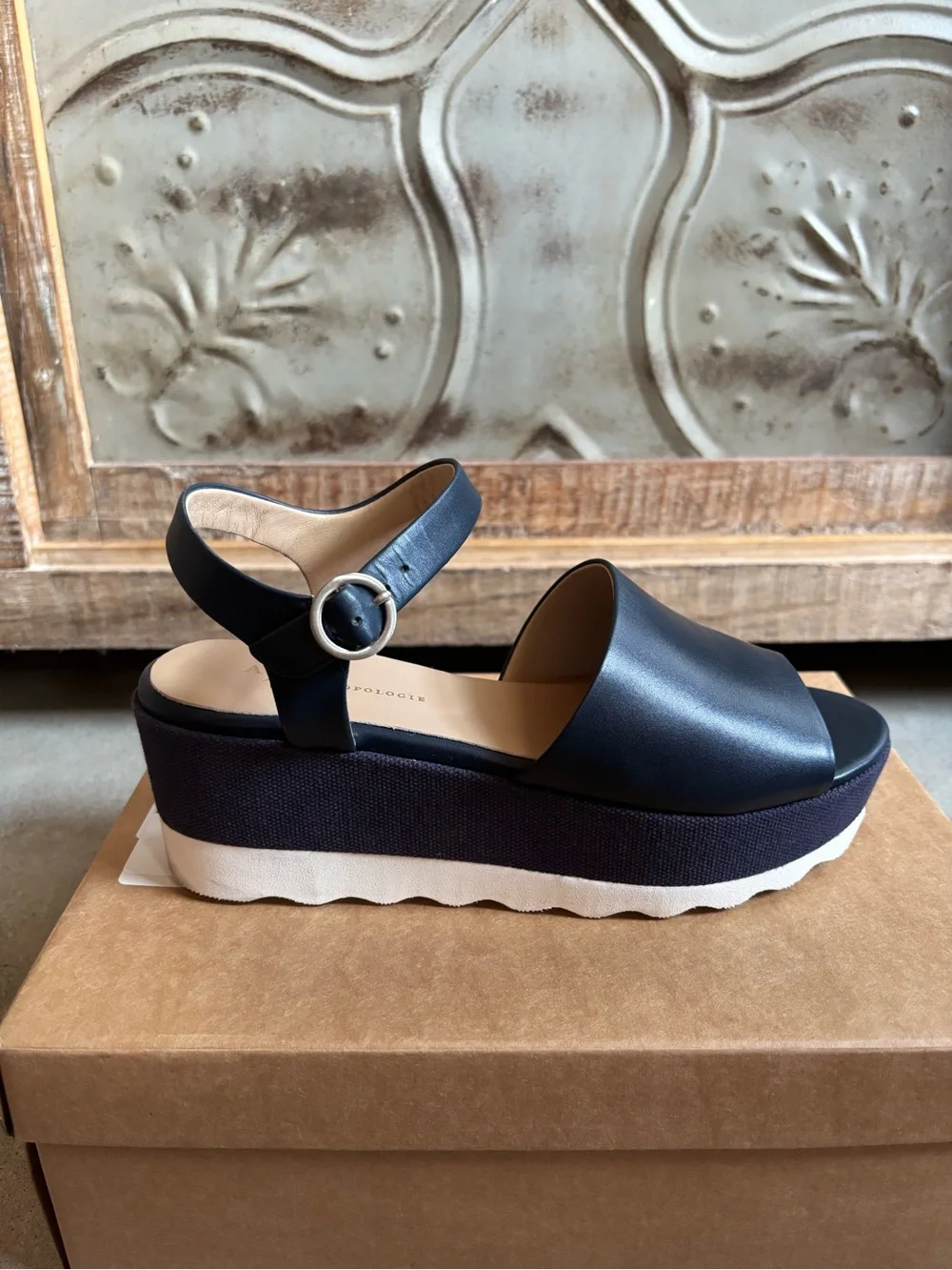 Navy Blue Platform Sandals, Sz. 8